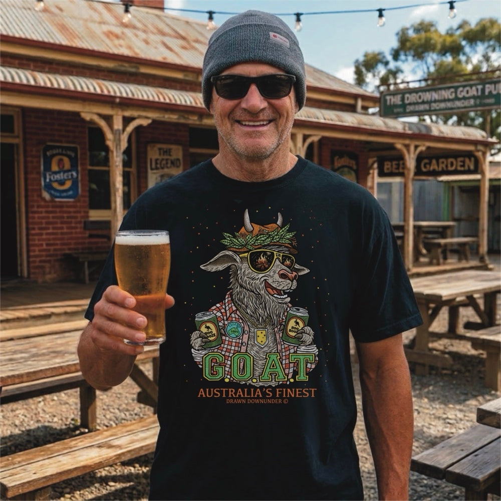Man wearing black Drawn Downunder G.O.A.T. t-shirt holding a beer in an Australian country pub beer garden. The tee features a funny illustrated goat wearing a cork hat and sunglasses holding Roo Booze beer cans with G.O.A.T. Australia's Finest text. Aussie humour art apparel lifestyle photo.