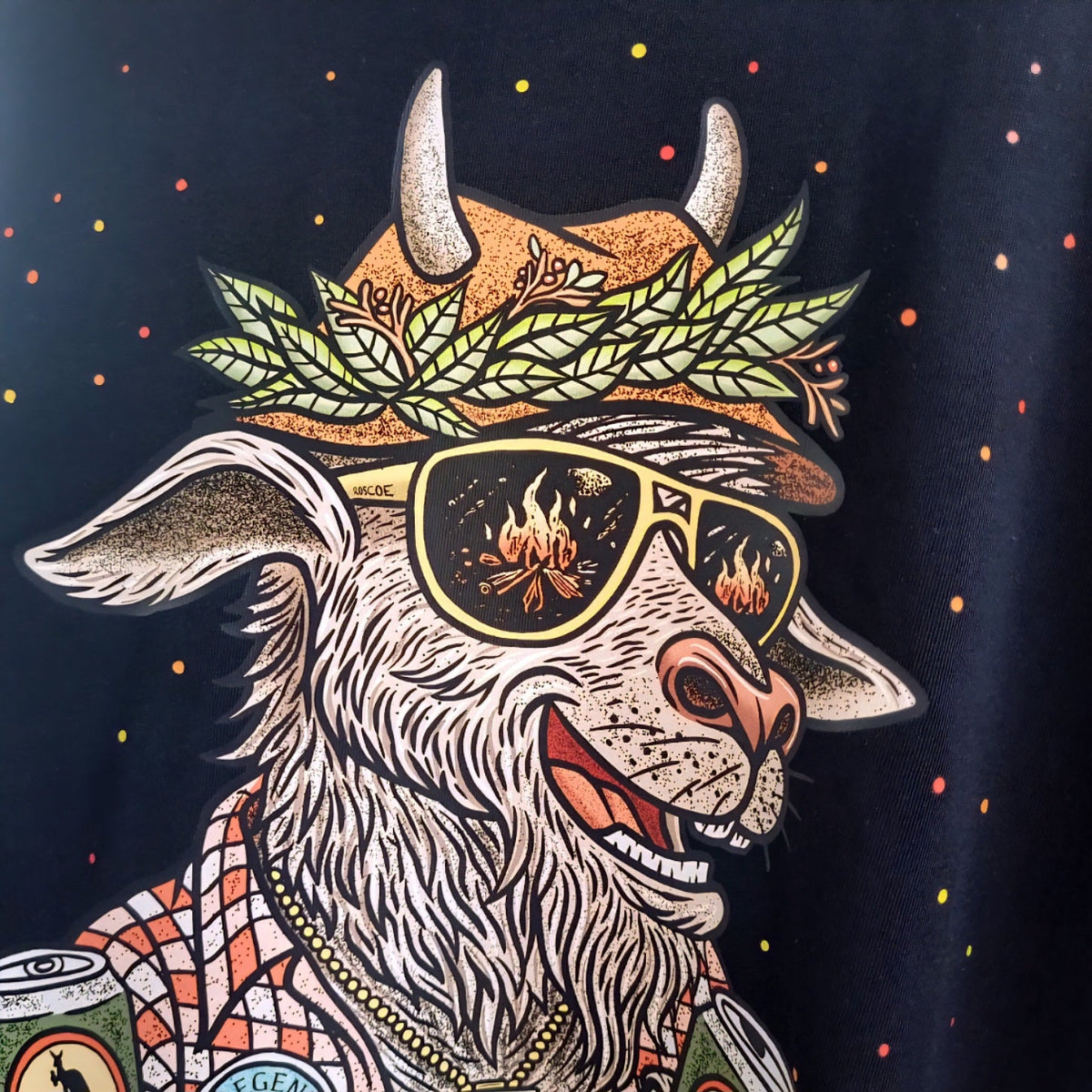 Illustration of a goat wearing sunglasses with a gum leaf design hat on a dark background