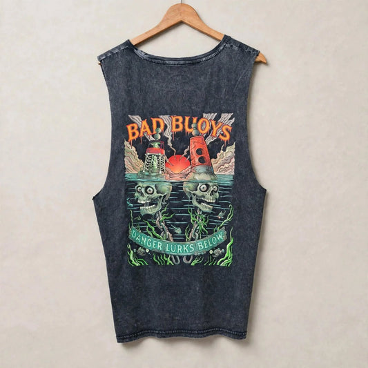 Bad Buoys stonewash tank back print full colour skull buoys danger lurks below nautical fishin and boating clothng