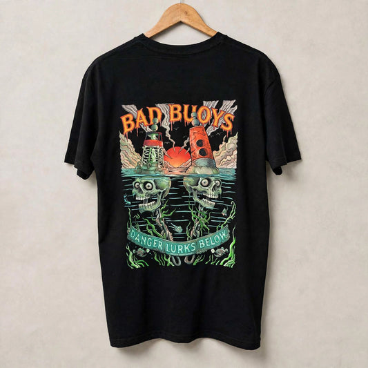 Bad Buoys skull buoy back print graphic t-shirt - Danger Lurks Below black tee, hand-drawn Australian art by Drawn Downunder