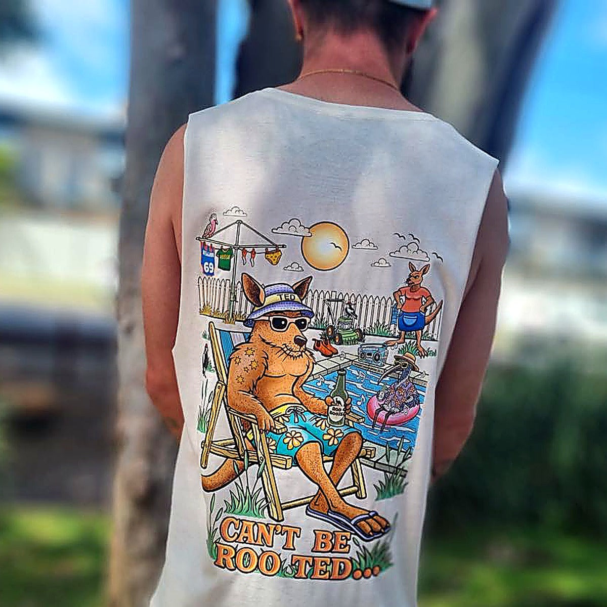 Funny kangaroo beer tank top - Can't Be RooTed roo in deck chair with beer by pool Aussie singlet