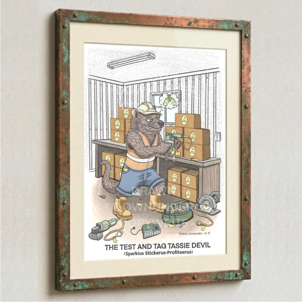 Hand-drawn cartoon of The Test and Tag Tassie Devil - an Aussie sparky Tasmanian devil stacking beer cartons on a building site, framed art print for mancave