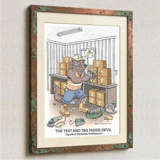 Hand-drawn cartoon of The Test and Tag Tassie Devil - an Aussie sparky Tasmanian devil stacking beer cartons on a building site, framed art print for mancave